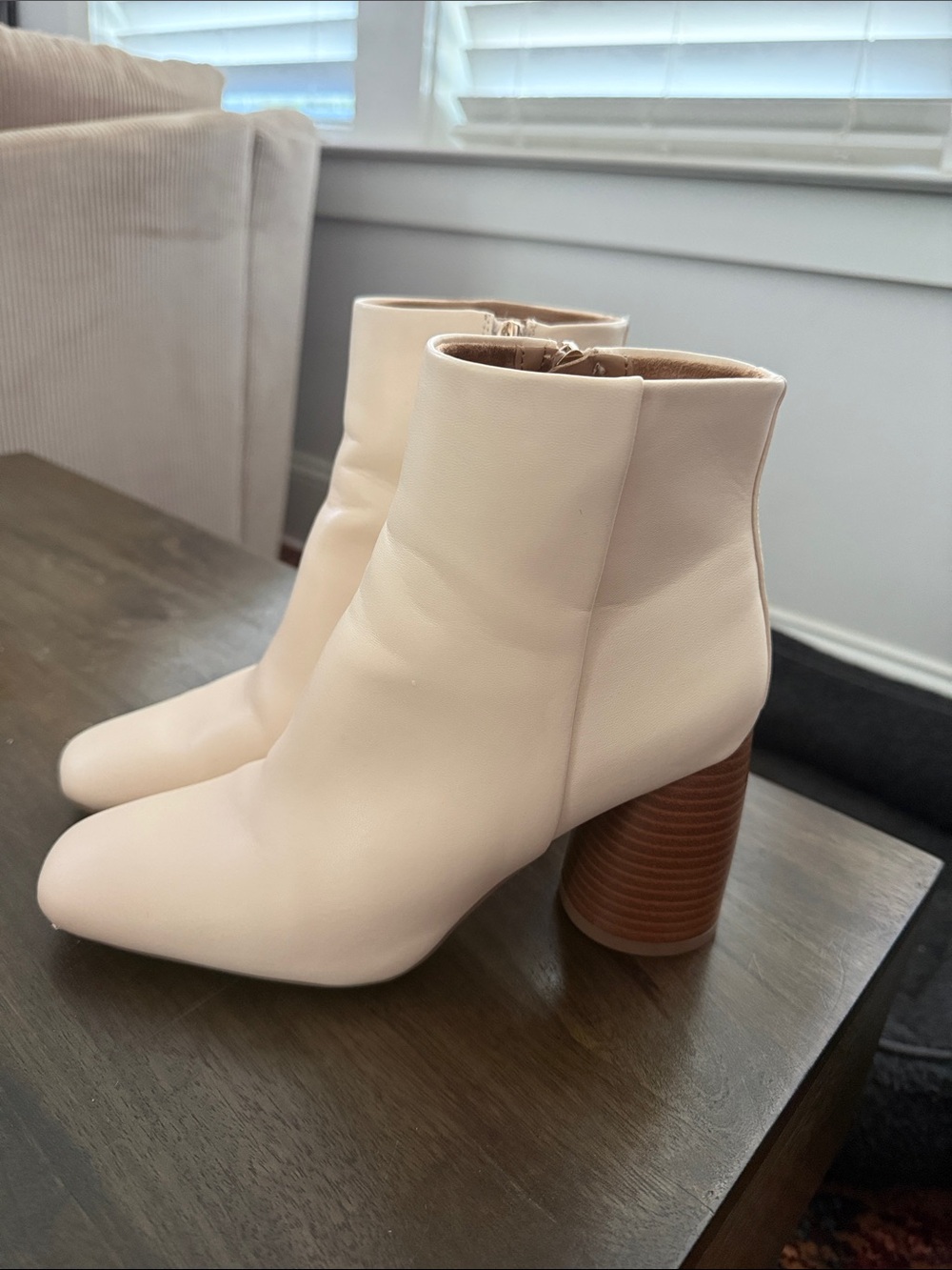 Cream Women's Ankle Boots with Stacked Block Heel